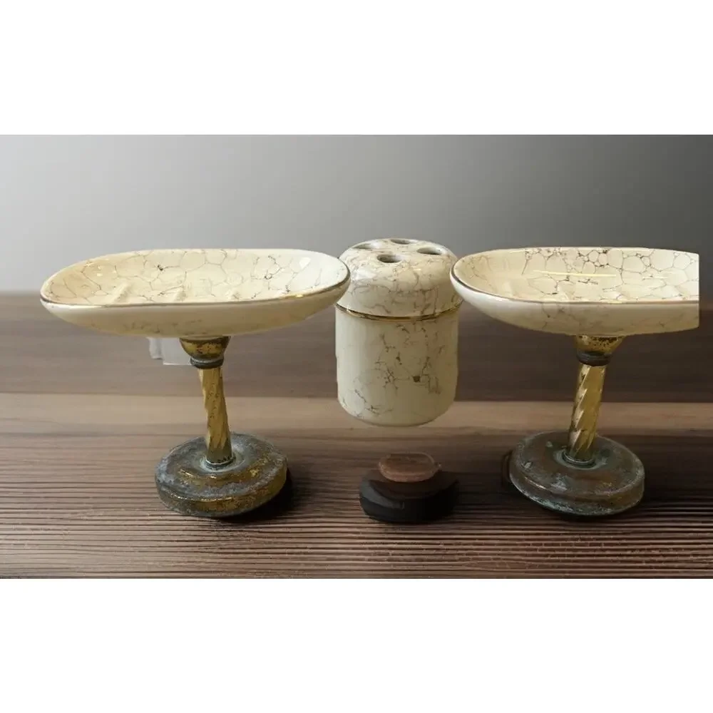 Vtg Brass Pedestal Soap Dish & Holder Porcelain Marbled Regency Decor Set 3